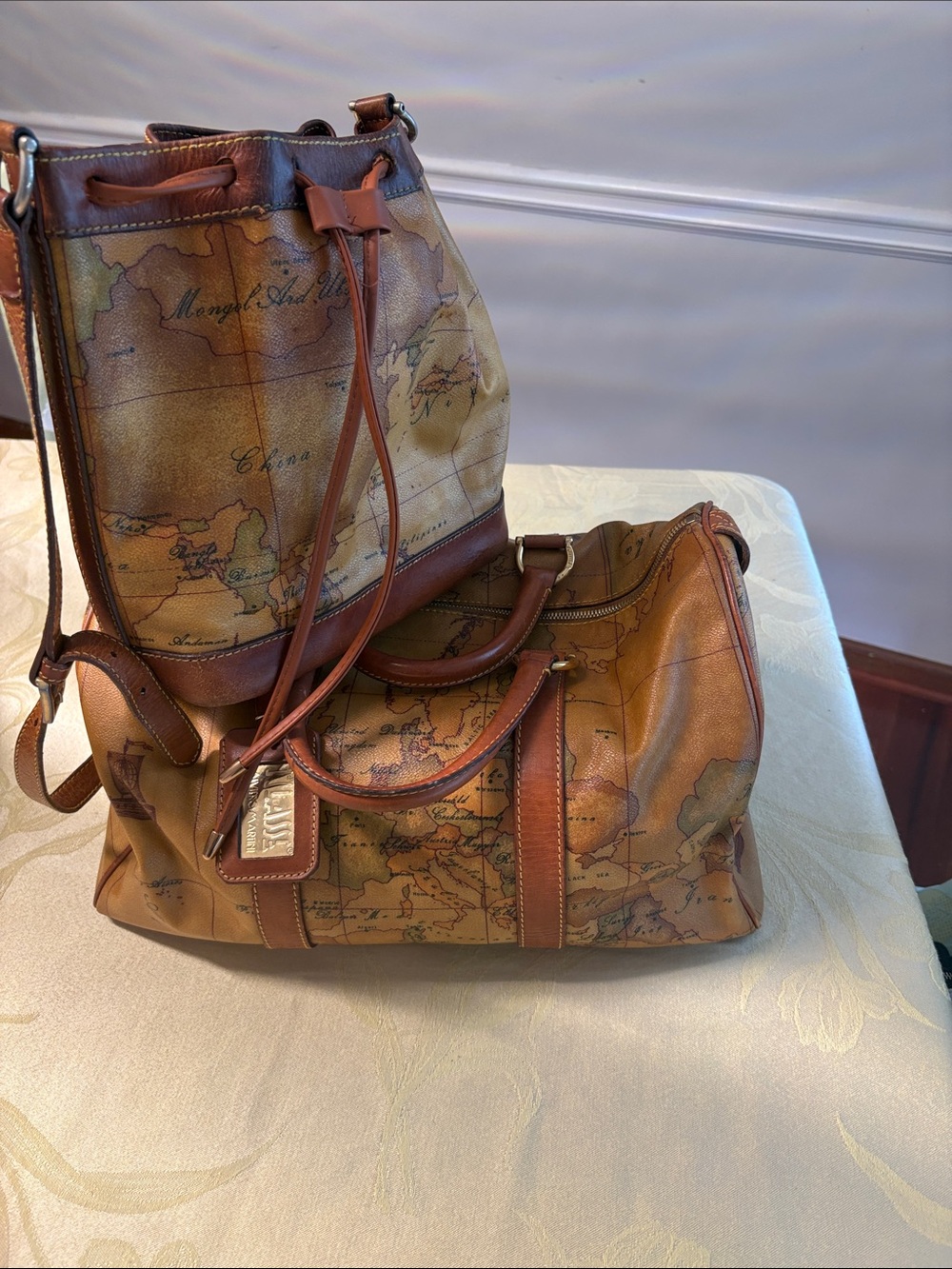 Alviero Martini Tan and Brown Map-Print Men’s Duffel and Tote Set